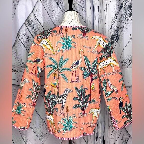 Tropical Boho Jungle Print/Stripes Jacket Quilted Reversible L - Picture 5 of 10